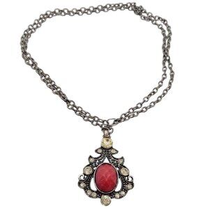 Vintage Rhinestone Necklace With Red Oval Stone on a 28-Inch Chain